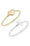 Argento Vivo Set Of 2 Key Heart Open Rings In Gold/silver