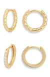 Argento Vivo Set Of 2 Textured & Cubic Zirconia Huggie Hoop Earrings In Gold