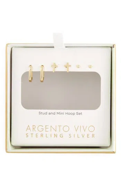Argento Vivo Set Of 3 Huggie Hoop, Cross & Ball Stud Earrings In Gold