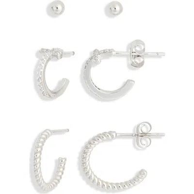 Argento Vivo Set Of 3 Sterling Silver Ball, Cross & Twisted Huggie Hoop Earrings In Metallic