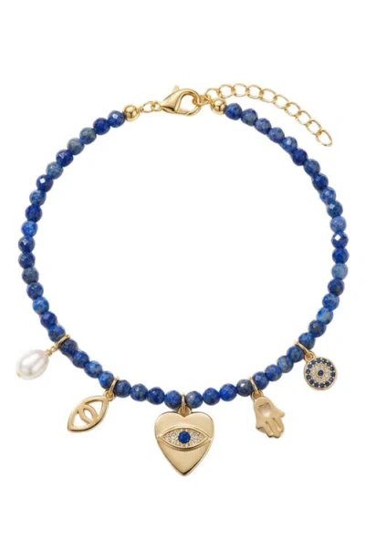 Argento Vivo Spiritual Cultured Pearl Agate Bead Charm Bracelet In Blue