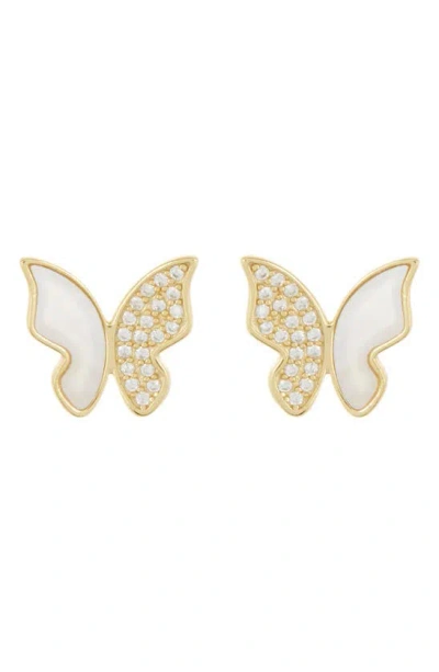 Argento Vivo Sterling Silver Crystal & Mother Of Pearl Butterfly Stud Earrings In Gold