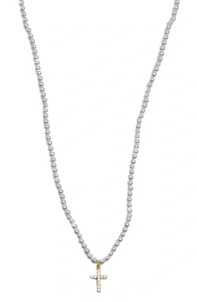 Argento Vivo Sterling Silver Cubic Zirconia Cross Pendant Faux Pearl Necklace In Gold