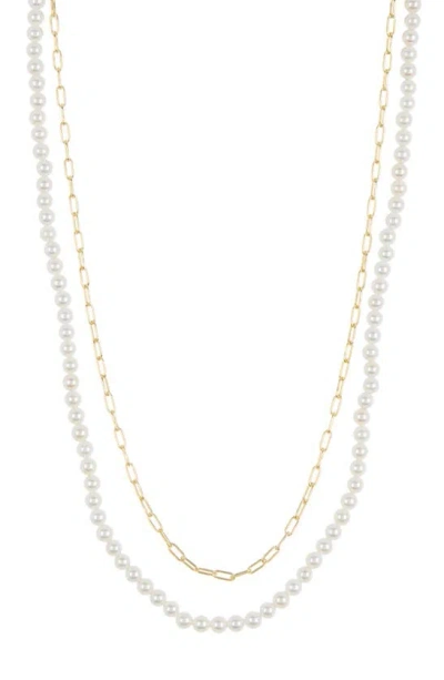 Argento Vivo Sterling Silver Double Row Imitation Pearl & Chain Link Necklace In Gold