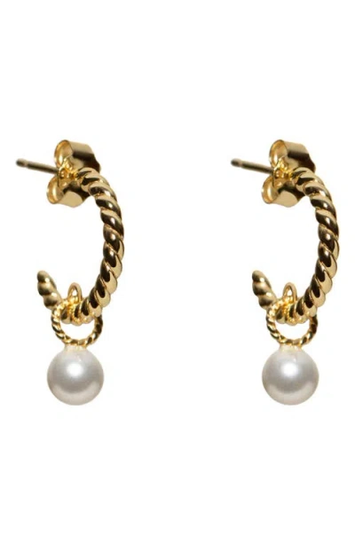 Argento Vivo Sterling Silver Rope Textured Faux Pearl Drop Huggie Hoop Earrings In Gold