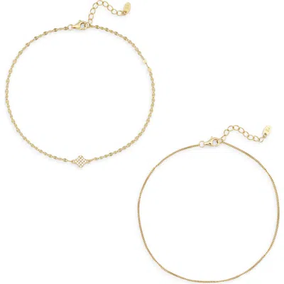 Argento Vivo Sterling Silver Set Of 2 Clover Kiss Cubic Zirconia Anklets In Gold