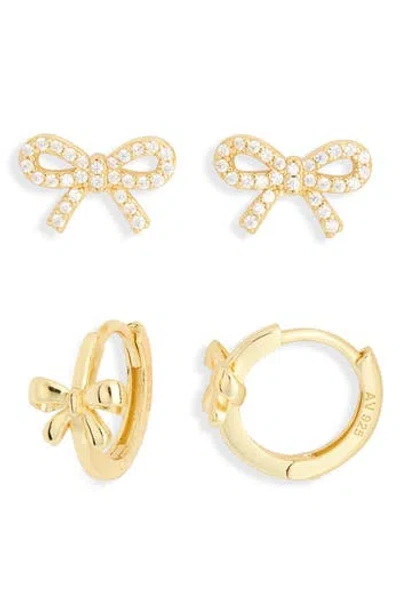 Argento Vivo Sterling Silver Set Of 2 Cubic Zirconia Bow Stud & Hoop Earrings In Gold