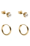 Argento Vivo Sterling Silver Set Of 2 Faux Pearl Stud & Hoop Earrings In Gold