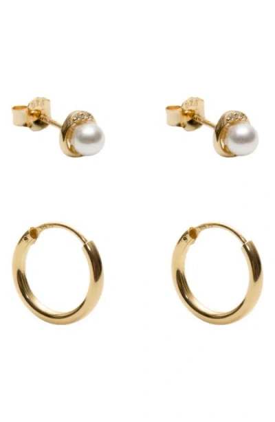 Argento Vivo Sterling Silver Set Of 2 Faux Pearl Stud & Hoop Earrings In Gold