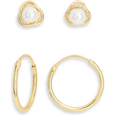 Argento Vivo Sterling Silver Set Of 2 Faux Pearl Stud & Hoop Earrings In Gold