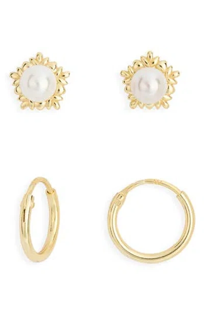 Argento Vivo Sterling Silver Set Of 2 Faux Pearl Stud & Hoop Earrings In Gold