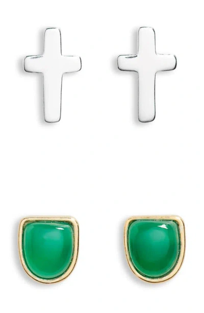 Argento Vivo Sterling Silver Set Of 2 Green Onyx & Cross Stud Earrings In Multi