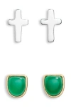 Argento Vivo Sterling Silver Set Of 2 Green Onyx & Cross Stud Earrings In Gold/silver