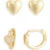 Argento Vivo Sterling Silver Set Of 2 Pavé Cubic Zirconia Heart Stud & Huggie Hoop Earrings In Gold