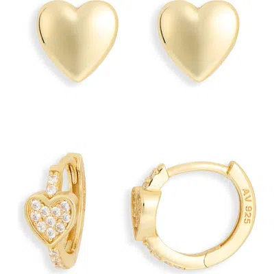 Argento Vivo Sterling Silver Set Of 2 Pavé Cubic Zirconia Heart Stud & Huggie Hoop Earrings In Gold