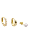 Argento Vivo Sterling Silver Set Of 3 Faux Pearl Stud And Huggie Hoop Earrings In Gold