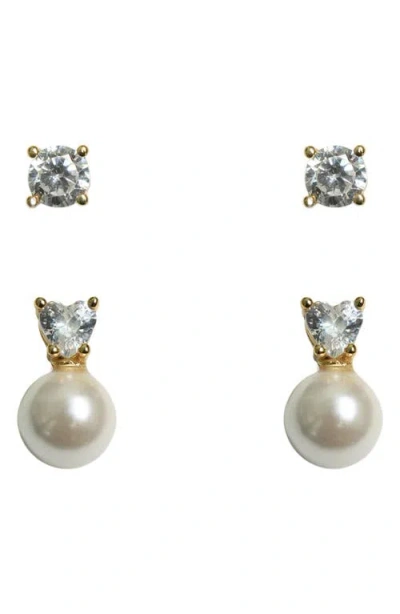 Argento Vivo Sterling Silver Set Of Two Cubic Zirconia & Faux Pearl Earrings In Gold