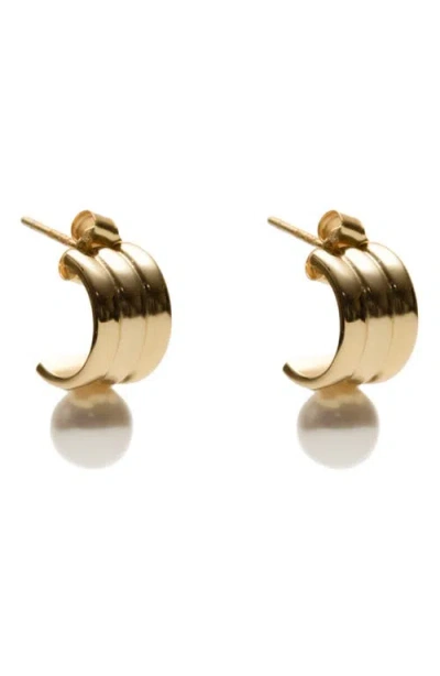 Argento Vivo Sterling Silver Small Rib Faux Pearl Huggie Hoop Earrings In Gold