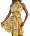Aria Romance Lace Up Floral Dress With Large Flounces In Yellow In Gold