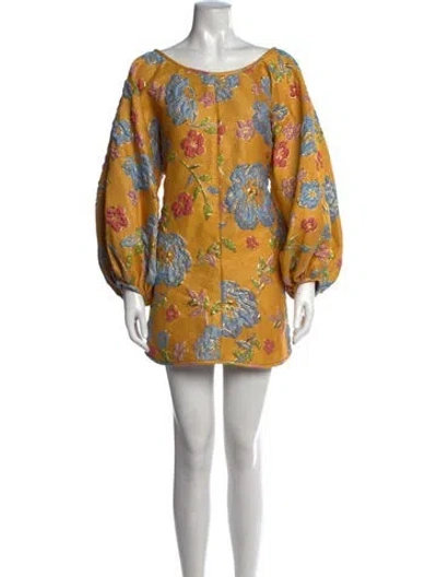 Pre-owned Arianne Elmy Floral Print Mini Dress In Metallic/yellow