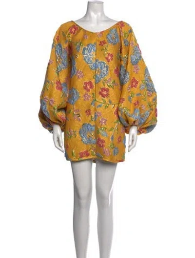 Pre-owned Arianne Elmy Floral Print Mini Dress In Metallic/yellow