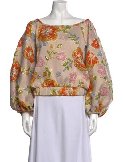 Pre-owned Arianne Elmy Floral Print Off-the-shoulder Top In Neutrals
