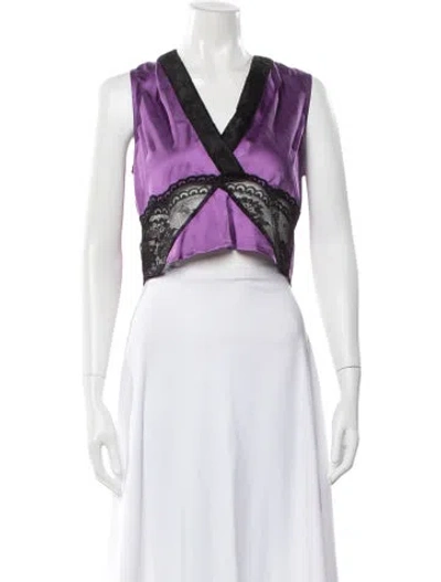 Pre-owned Arias Lace Pattern V-neck Crop Top In Purple