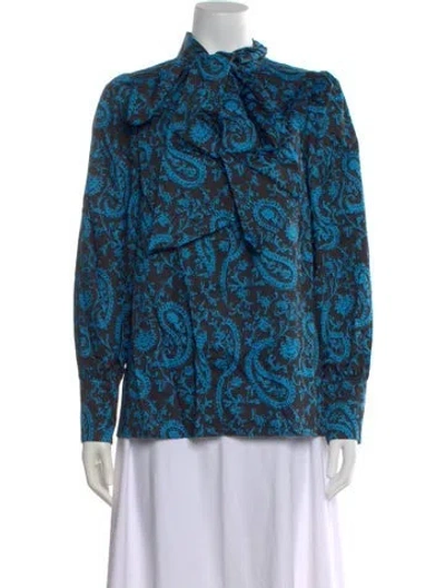 Pre-owned Arias Paisley Print Tie Neck Blouse W/ Tags In Blue