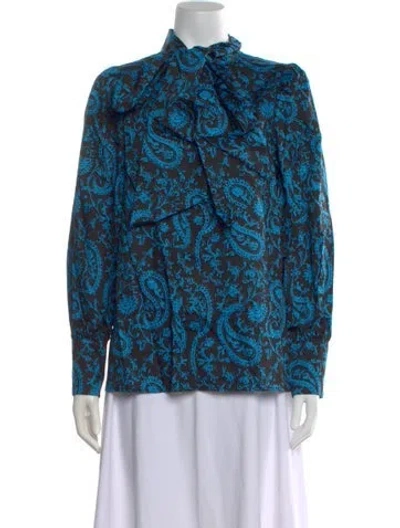 Pre-owned Arias Paisley Print Tie Neck Blouse W/ Tags In Blue
