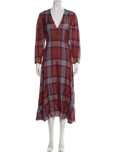 Pre-owned Arias Plaid Print Midi Length Dress In Pink