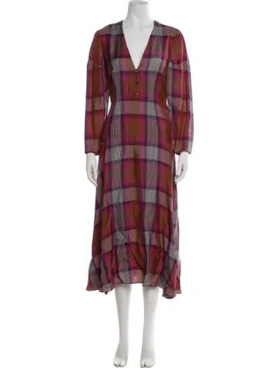 Pre-owned Arias Plaid Print Midi Length Dress In Pink