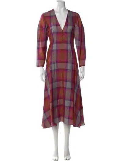 Pre-owned Arias Plaid Print Midi Length Dress W/ Tags In Multi
