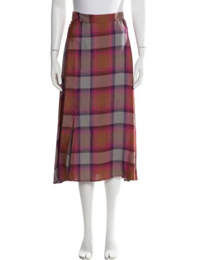 Pre-owned Arias Plaid Print Midi Length Skirt In Brown