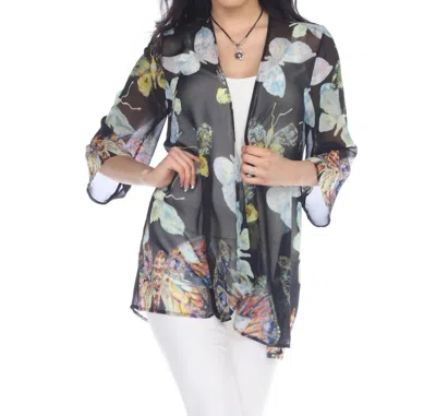 Arias Sheer Butterfly Print Kimono Cardigan In Black