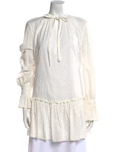 Pre-owned Arias Tie Neck Long Sleeve Tunic In White