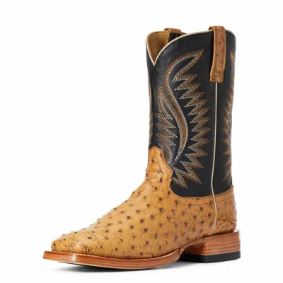 Pre-owned Ariat 10034082 Men Full Quill Ostrich Tan Gallup Two Tone Leather Western Boot In Brown
