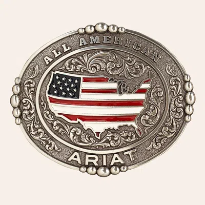 Ariat Antiqued Silver All American Enameled Flag Oval Belt Buckle In White