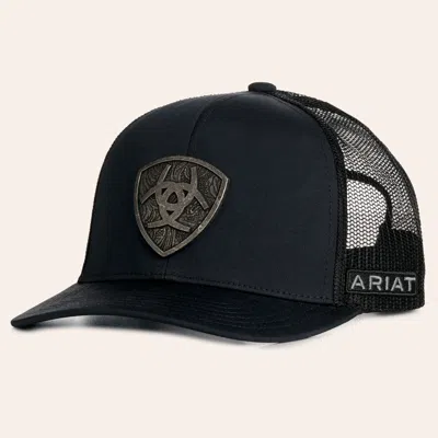 Ariat Black & Black Metal Shield Patch Curved Bill Cap
