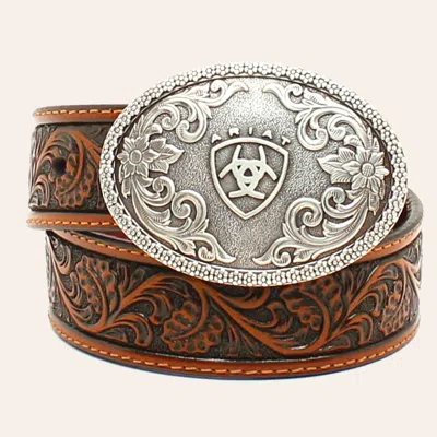 Ariat Kids' Boy's Chocolate Tooled Leather Belt With Silver Oval Buckle In Brown