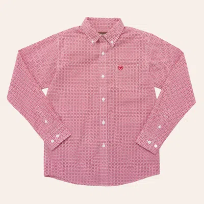 Ariat Boy's Kenny Red Medallion Print Western Shirt In Pink