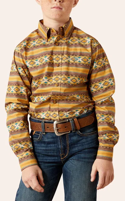 Ariat Boy's Tan Teddi Aztec Print Western Shirt In Yellow