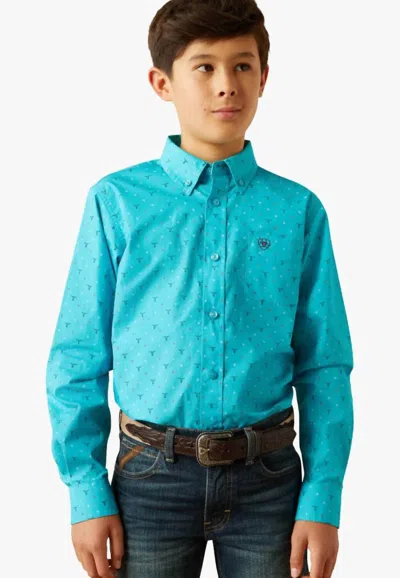 Ariat Kids' Boy's Willke Long Sleeve Button Shirt In Turquoise In Blue