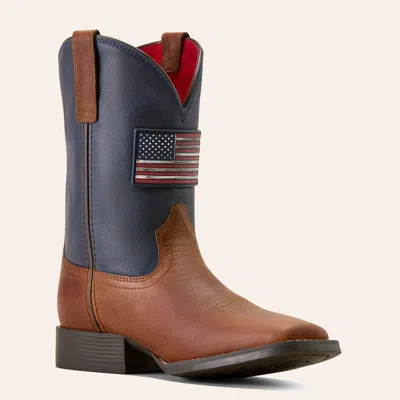 Ariat Boys' Freedom Rider Hickory Smoke & Nightfall Navy Wide Square Toe Cowboy Boots In Brown