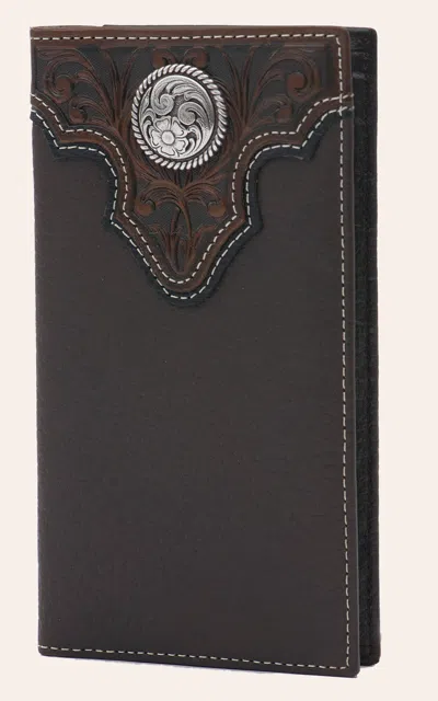 Ariat Chocolate Brown With Tooled Overlay And Circle Concho Leather Rodeo Wallet / Checkbook Cover
