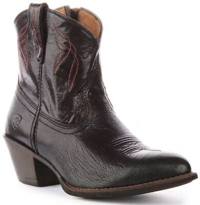 Pre-owned Ariat Darlin Western In Black Full-grain Leather Short Cowboy Boot Size Uk 3 - 8