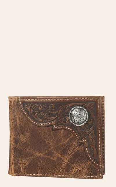 Ariat Distressed Brown Tooled Overlay Bi-fold Wallet In Multi