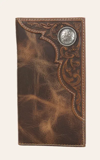 Ariat Distressed Brown With Corner Tooled Overlay And Circle Concho Rodeo Wallet / Checkbook Cover In Multi