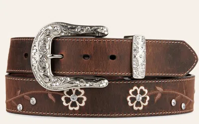 Ariat Distressed Brown With Embroidered Scrolling Flowers & Crystals Women's Scalloped Belt