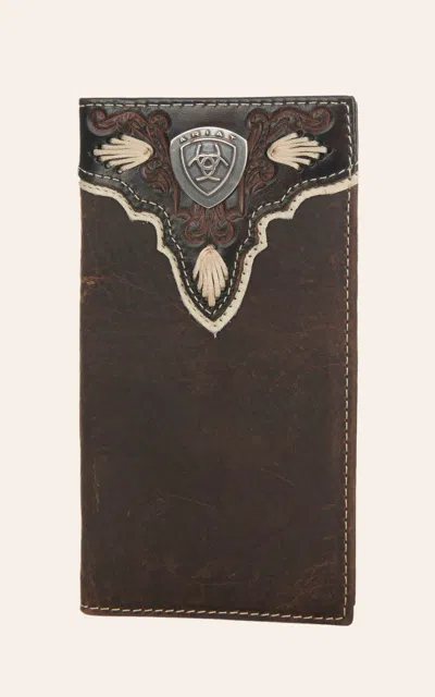 Ariat Distressed Brown With Overlay And Logo Shield Leather Checkbook / Rodeo Wallet In Multi