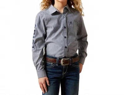 Ariat Kids' Girl's Team Kirby Long Sleeve T-shirt In Dress Blue Stripe In Multi